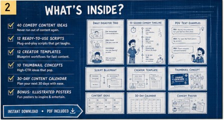 Comedy Creator Script Pack (Illustrated Edition) 40 Ideas • 12 Scripts • 12 Templates • 10 Thumbnails • 30-Day Calendar — image 2 of 7